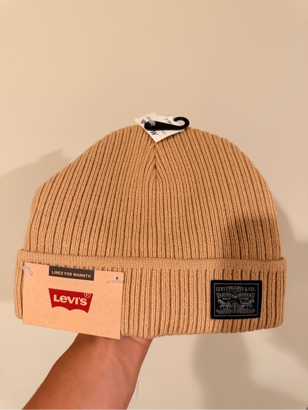 Levi's Ribbed Fold-Over Beanie in Camel Tan